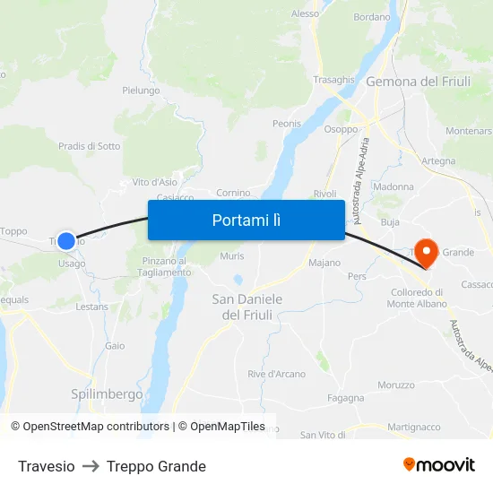 Travesio to Treppo Grande map