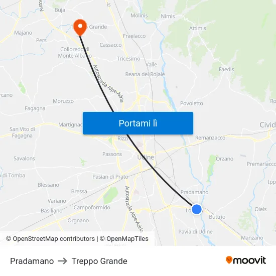 Pradamano to Treppo Grande map
