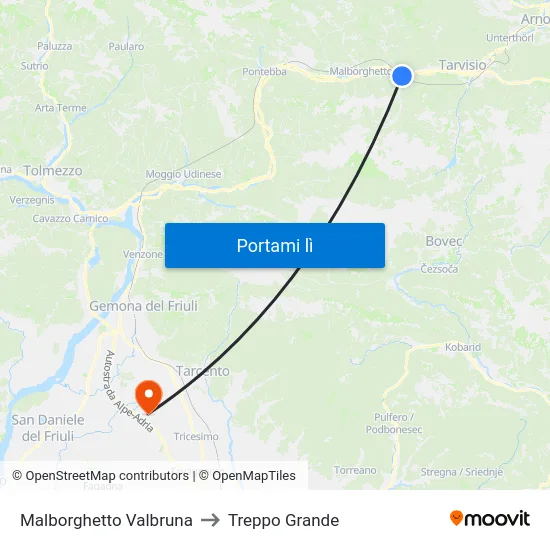 Malborghetto Valbruna to Treppo Grande map