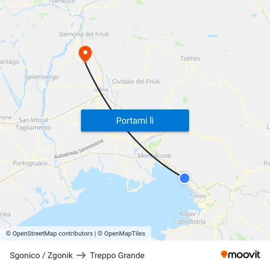 Sgonico / Zgonik to Treppo Grande map