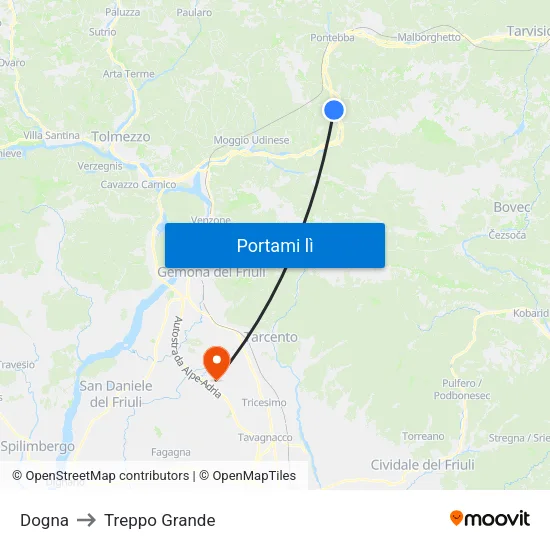 Dogna to Treppo Grande map