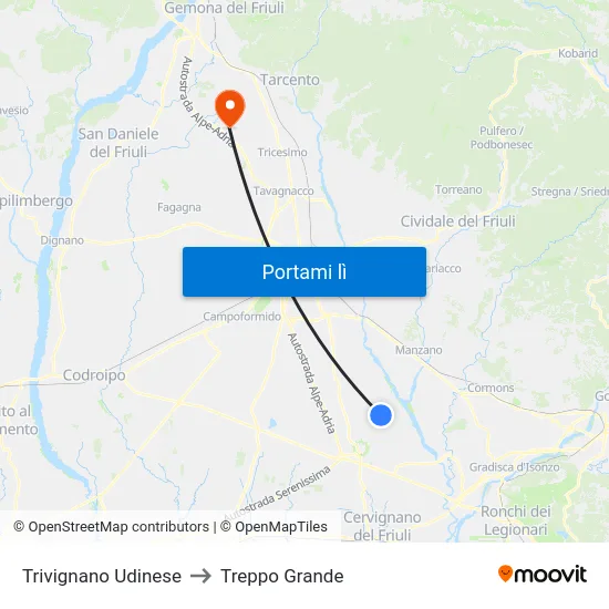 Trivignano Udinese to Treppo Grande map