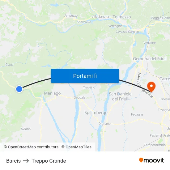 Barcis to Treppo Grande map