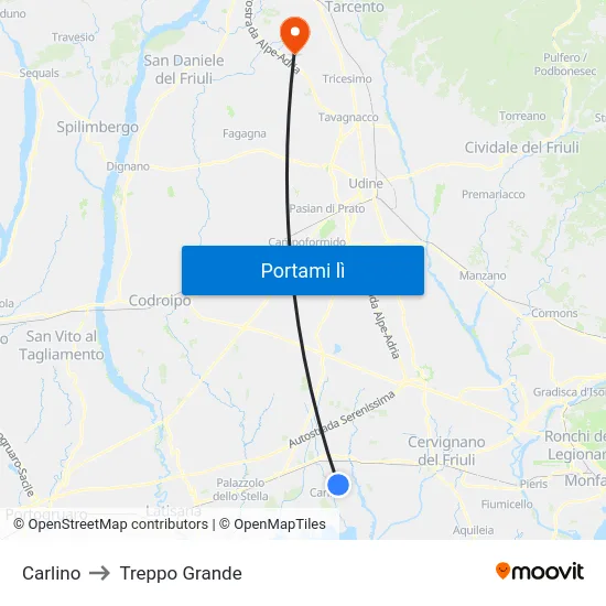 Carlino to Treppo Grande map