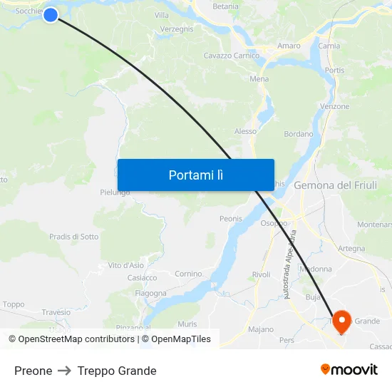 Preone to Treppo Grande map