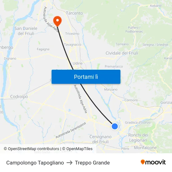 Campolongo Tapogliano to Treppo Grande map
