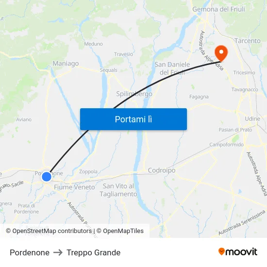 Pordenone to Treppo Grande map