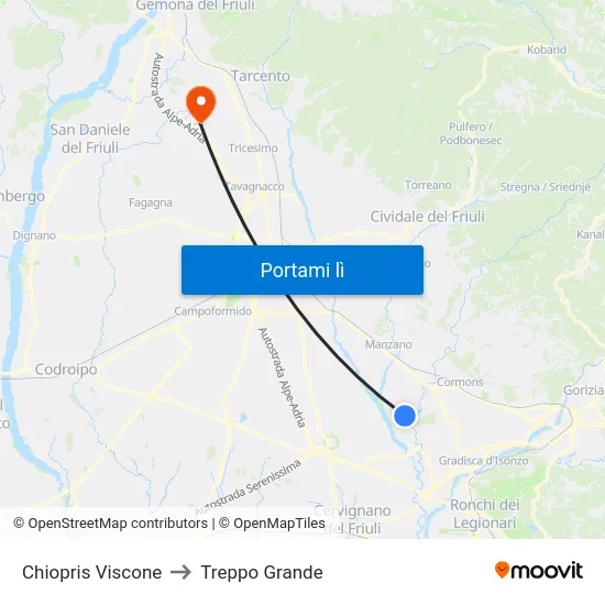 Chiopris Viscone to Treppo Grande map
