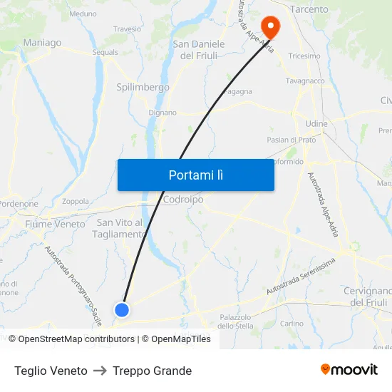 Teglio Veneto to Treppo Grande map