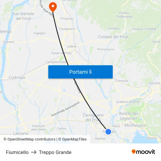 Fiumicello to Treppo Grande map