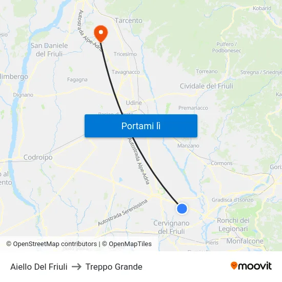 Aiello Del Friuli to Treppo Grande map