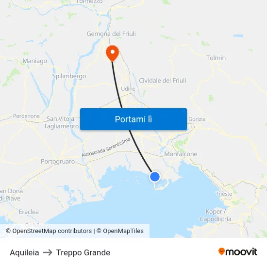 Aquileia to Treppo Grande map