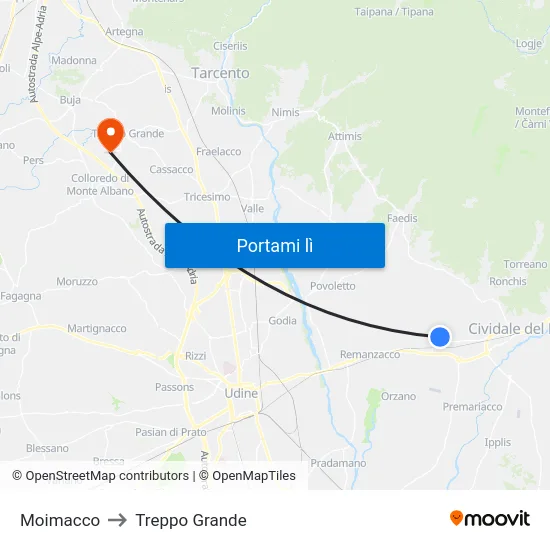 Moimacco to Treppo Grande map