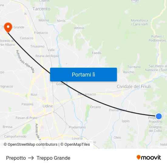 Prepotto to Treppo Grande map