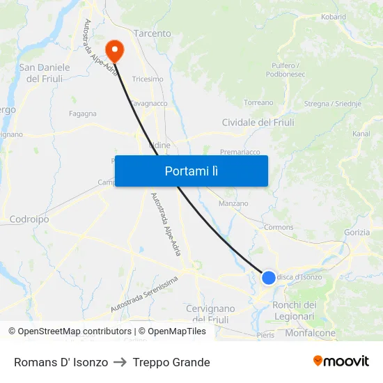 Romans D' Isonzo to Treppo Grande map