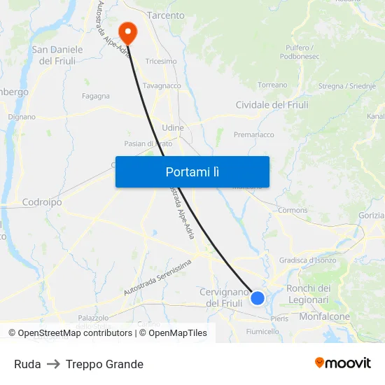 Ruda to Treppo Grande map