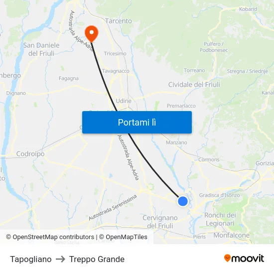 Tapogliano to Treppo Grande map