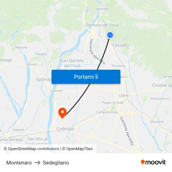 Montenars to Sedegliano map