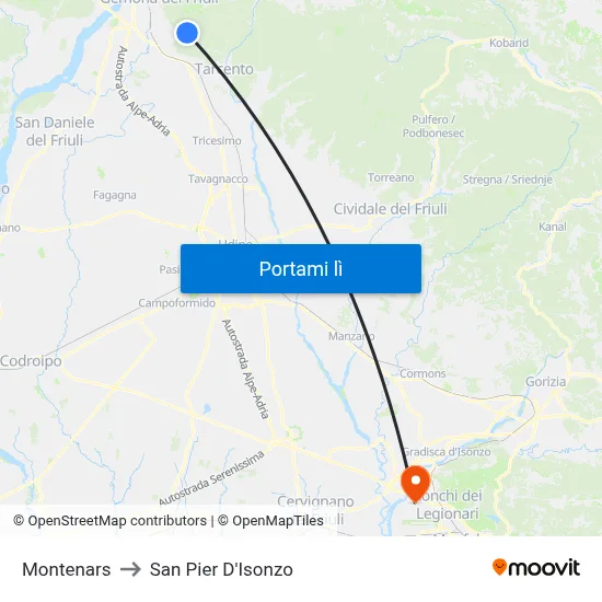 Montenars to San Pier D'Isonzo map