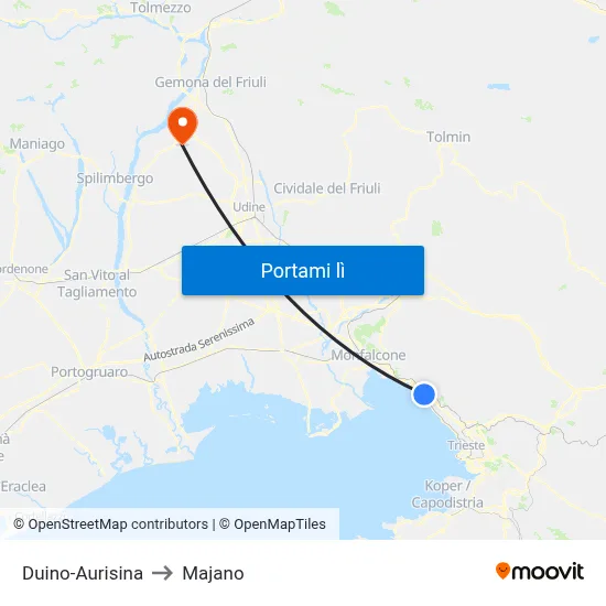 Duino-Aurisina to Majano map