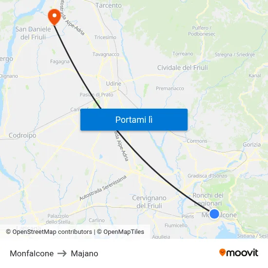 Monfalcone to Majano map