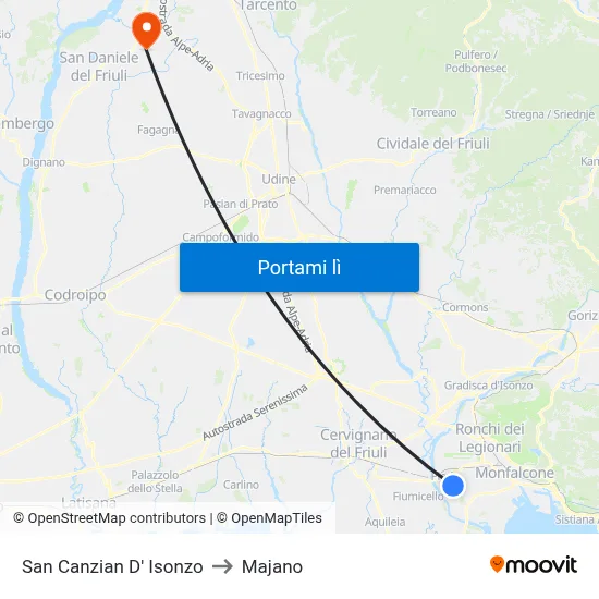 San Canzian D' Isonzo to Majano map