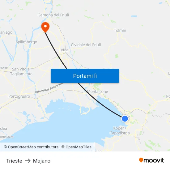 Trieste to Majano map