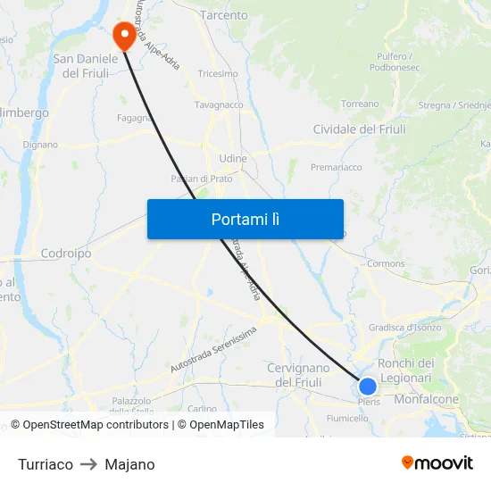 Turriaco to Majano map