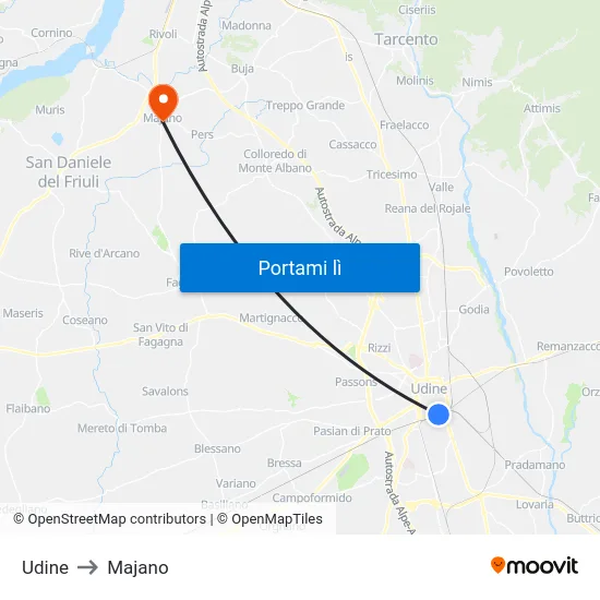 Udine to Majano map