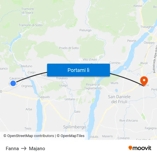 Fanna to Majano map