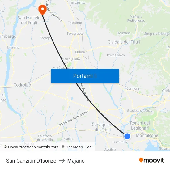 San Canzian D'Isonzo to Majano map