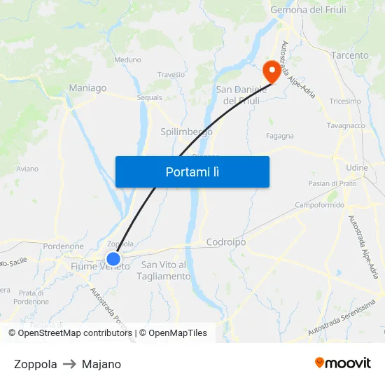 Zoppola to Majano map