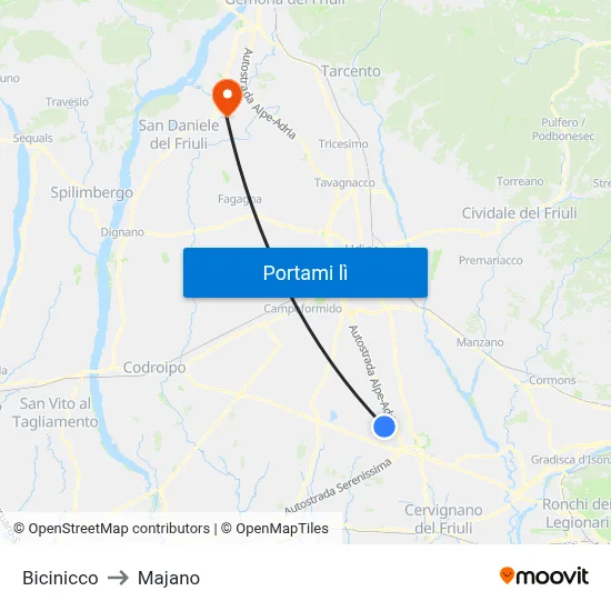 Bicinicco to Majano map
