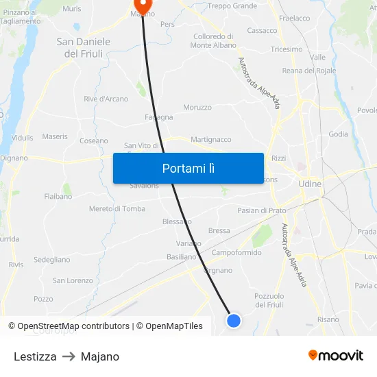 Lestizza to Majano map