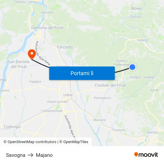 Savogna to Majano map