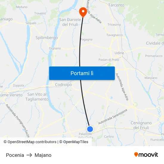 Pocenia to Majano map