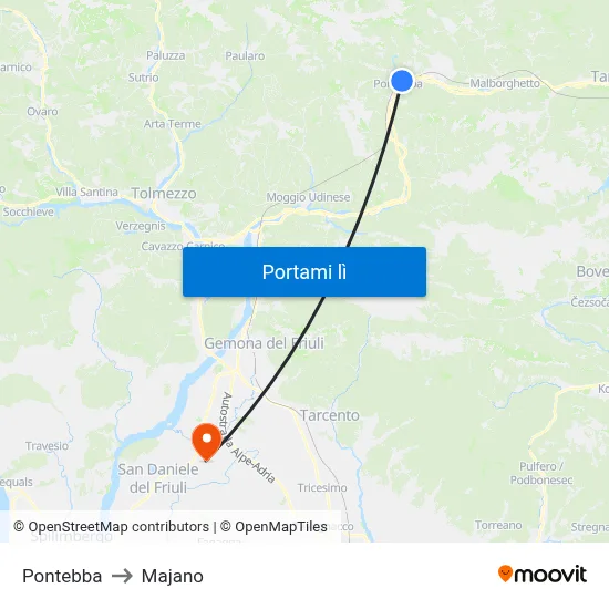 Pontebba to Majano map