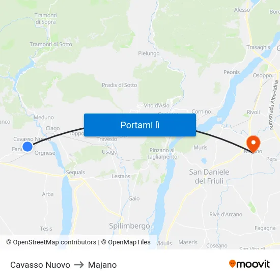 Cavasso Nuovo to Majano map