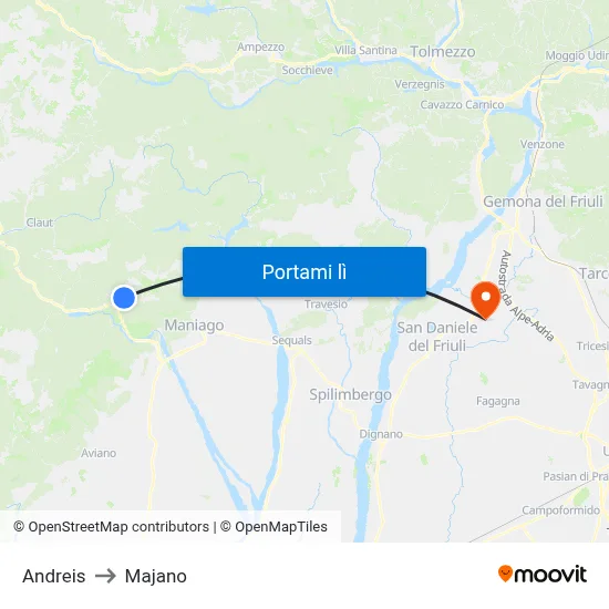 Andreis to Majano map