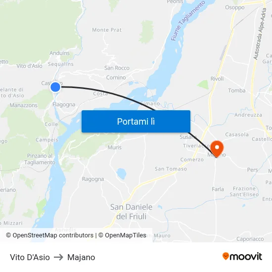 Vito D'Asio to Majano map