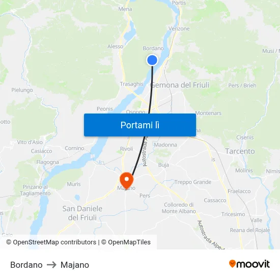 Bordano to Majano map