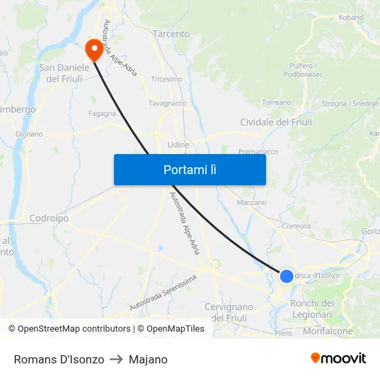 Romans D'Isonzo to Majano map