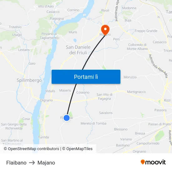 Flaibano to Majano map