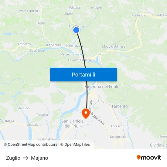 Zuglio to Majano map