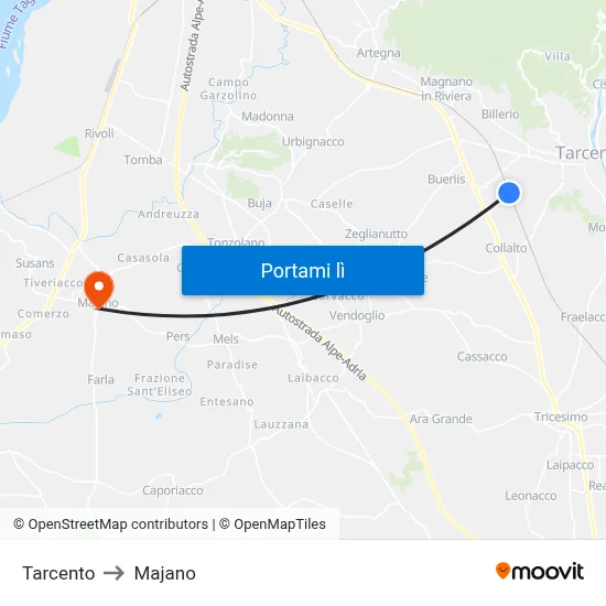 Tarcento to Majano map