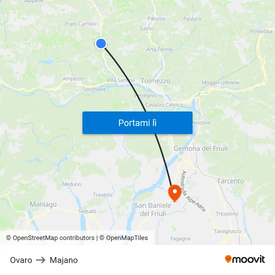 Ovaro to Majano map