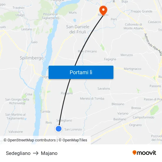Sedegliano to Majano map