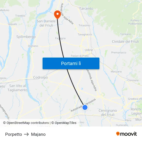Porpetto to Majano map