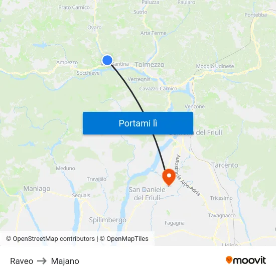 Raveo to Majano map