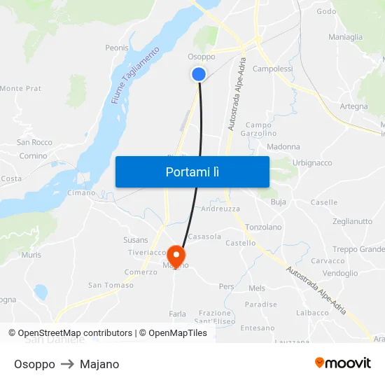 Osoppo to Majano map